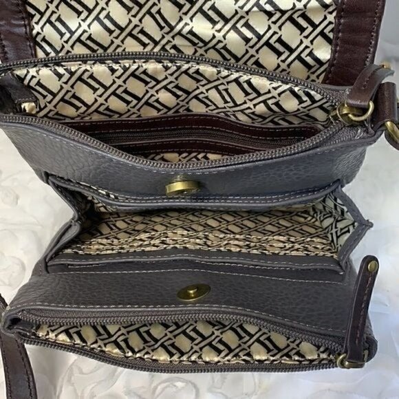 Tignanello Multi Compartment Small Crossbody Bag-Grey Leather/Brown Trim - Picture 7 of 11